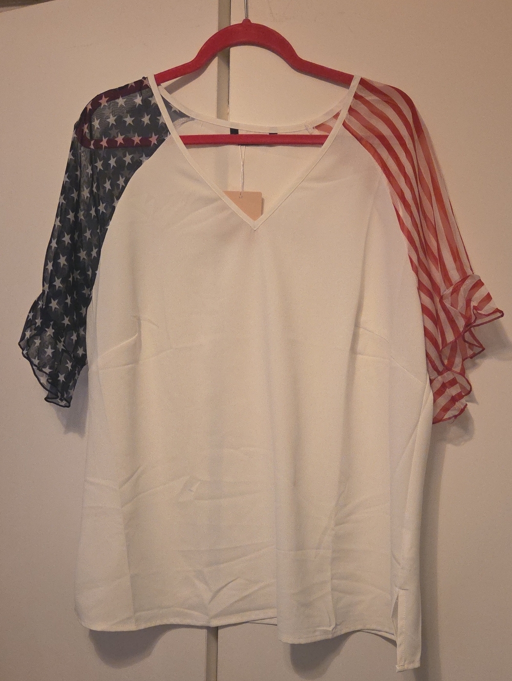 BloomChic White V-Neck Blouse with Red Striped & Blue Star Sleeves